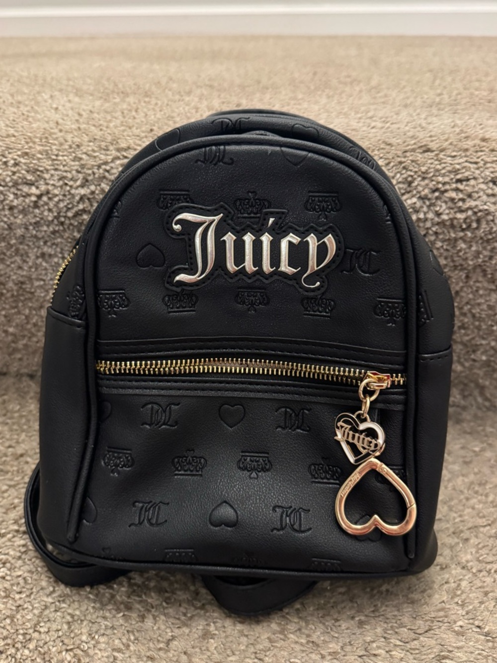 Juicy Couture Black Embossed Crown Gold Heart Mini Backpack